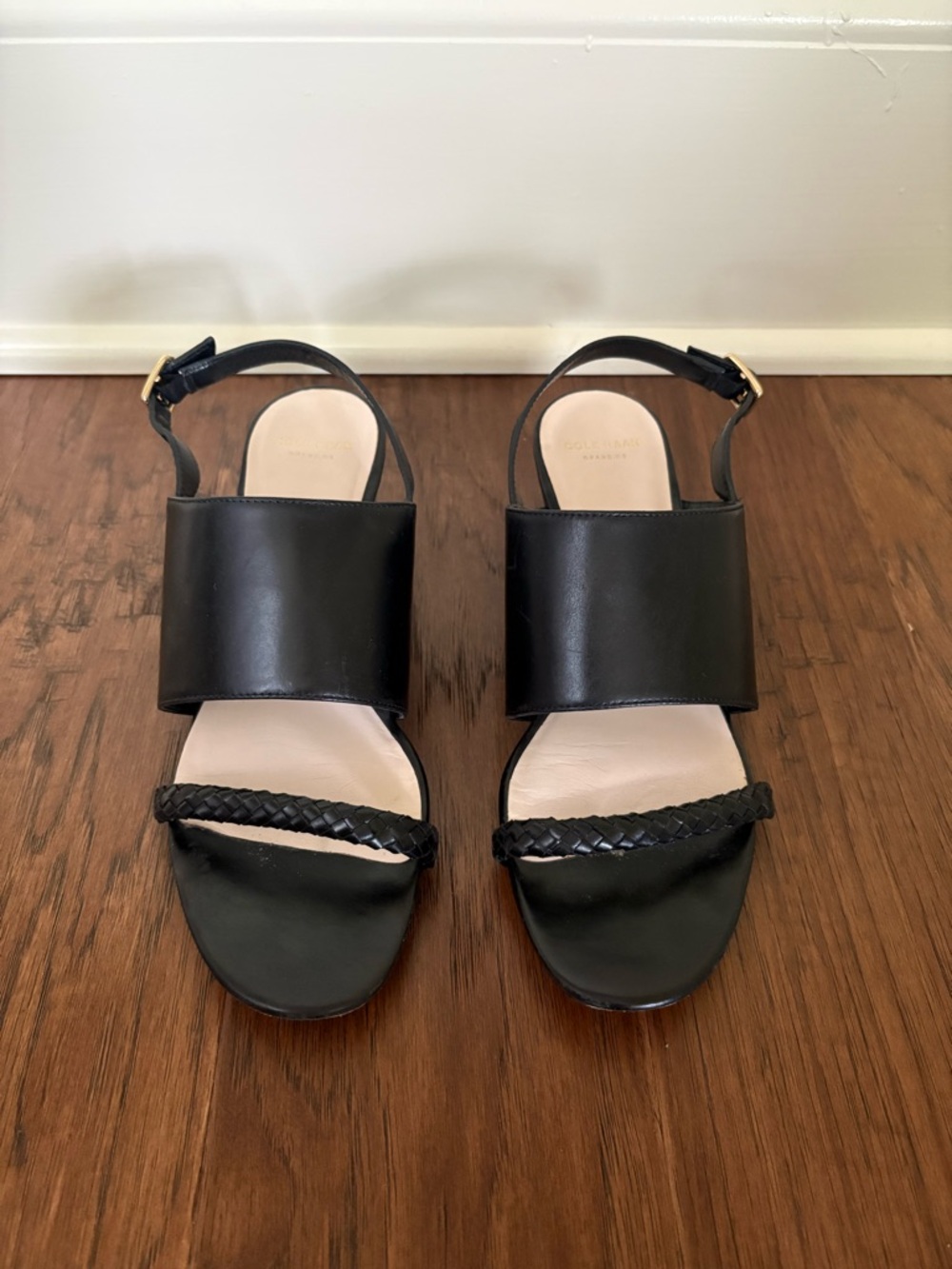 Cole Haan Black Leather Women's Sandals with Braided Toe Strap